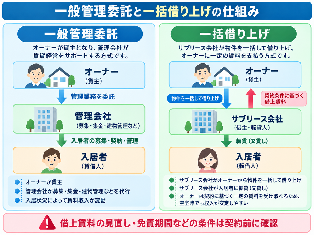 一般管理委託と一括借り上げの仕組みを左右で比較した図解